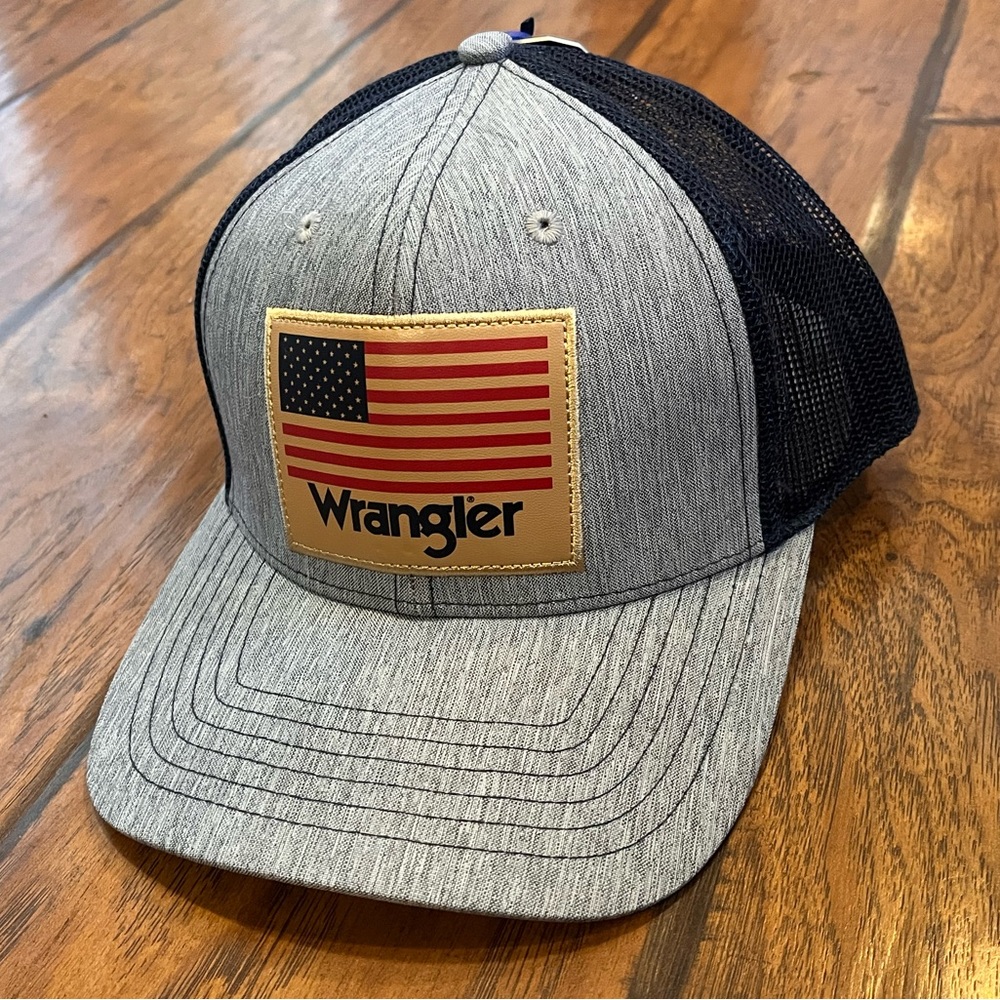 Wrangler hat men’s adult one size USA flag patch gray blue SnapBack mesh America